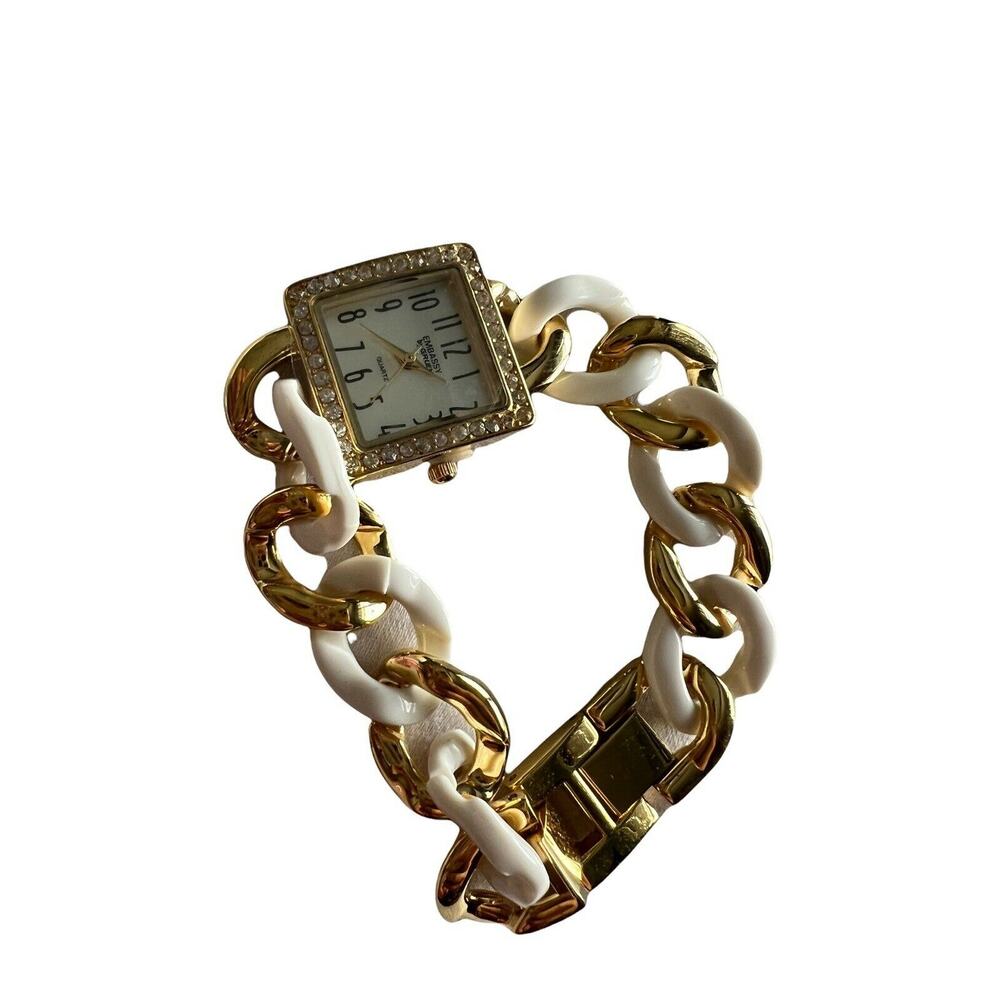 Embassy By Gruen Watch Gold Tone Chain Cuff Rhinestone Bezel Japan Movement